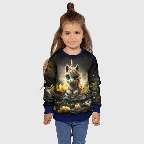 Детский свитшот Белая единорожка на черном фоне / 3D-Синий – фото 4