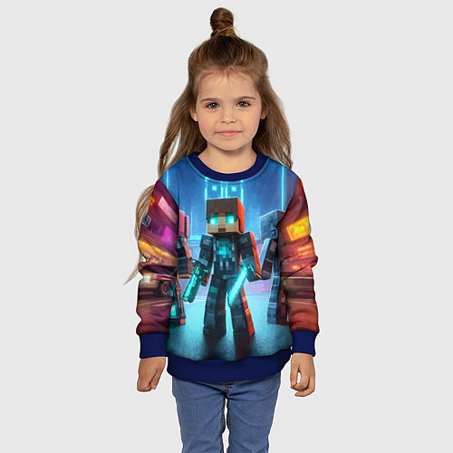Детский свитшот Minecraft - ai art neon glow / 3D-Синий – фото 4