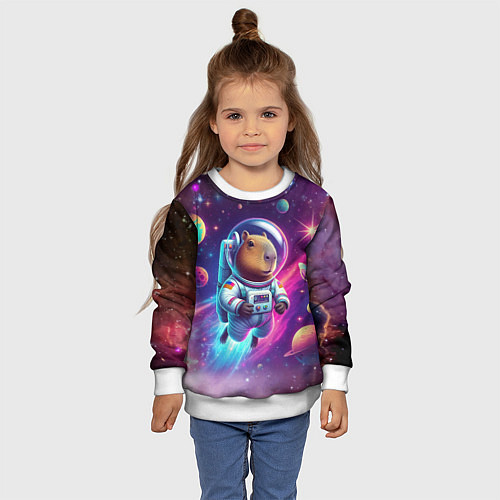 Детский свитшот Космонавт капибара в неоновом космосе / 3D-Белый – фото 4