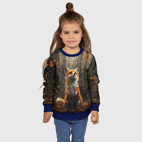 Детский свитшот Довольный лис в лесной чаще / 3D-Синий – фото 4