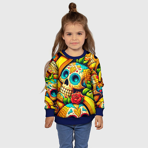 Детский свитшот Colorfull skulls and bananas - pop art pattern / 3D-Синий – фото 4