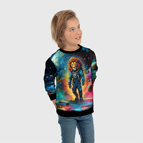 Детский свитшот Лев бравый космонавт - неоновый космос / 3D-Черный – фото 3