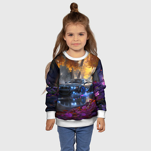 Детский свитшот BMW синие неоновые фары / 3D-Белый – фото 4