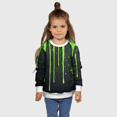 Детский свитшот Зеленая краска стекающая на черном фоне / 3D-Белый – фото 4