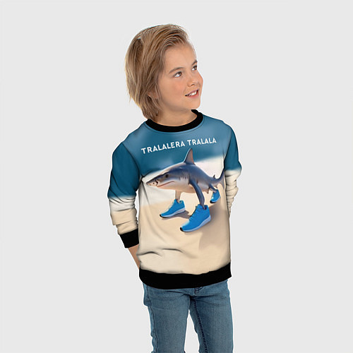 Детский свитшот Акула в кроссовках - брейнрот мем / 3D-Черный – фото 3
