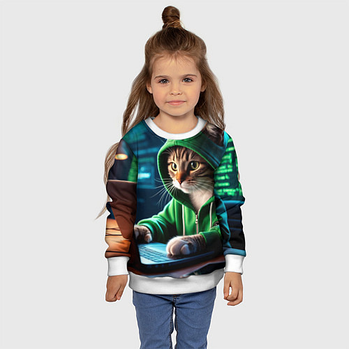 Детский свитшот Котенок хакер за ноутбуком / 3D-Белый – фото 4