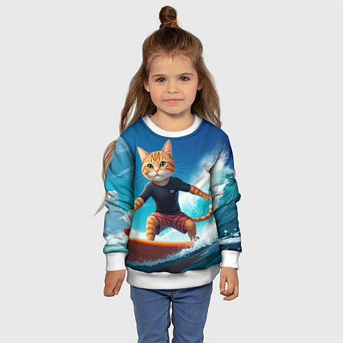 Детский свитшот Кот серфер на волне / 3D-Белый – фото 4