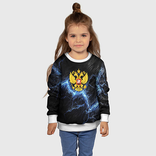 Детский свитшот Герб РФ на черной текстуре с синими потертостями / 3D-Белый – фото 4