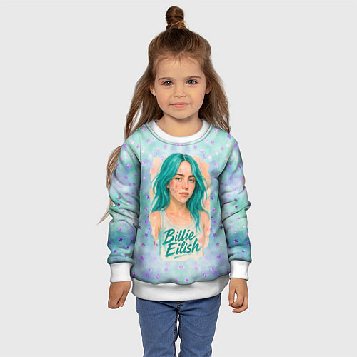Детский свитшот Билли Айлиш бирюзовые волосы / 3D-Белый – фото 4