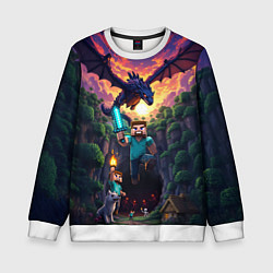 Свитшот детский Дракон края и Стив - Майнкрафт арт, цвет: 3D-белый