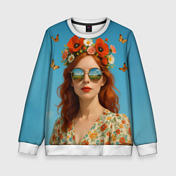 Свитшот детский Девушка в очках, цвет: 3D-белый