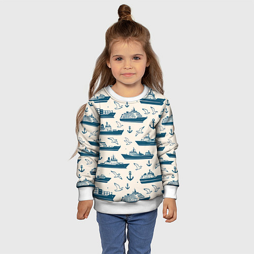 Детский свитшот Морской паттерн из чаек, якорей и кораблей / 3D-Белый – фото 4