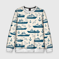Свитшот детский Морской паттерн из чаек, якорей и кораблей, цвет: 3D-белый