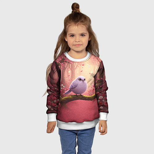 Детский свитшот Сиреневая птица в розовом цветущем лесу / 3D-Белый – фото 4
