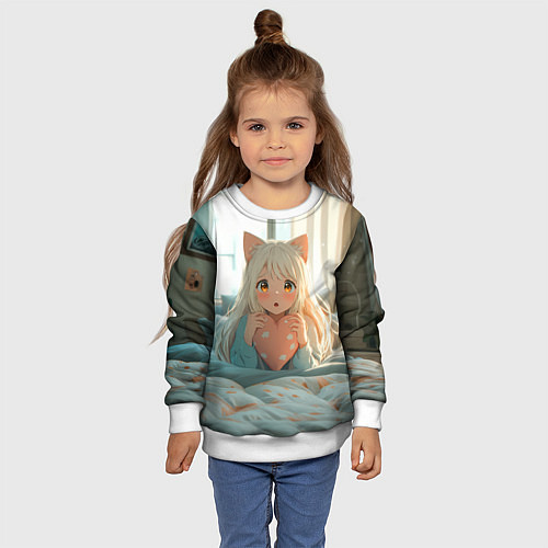 Детский свитшот Аниме девушка в кровати с сердцем / 3D-Белый – фото 4