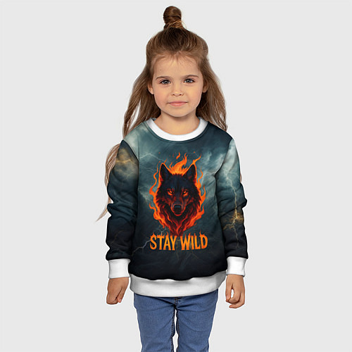 Детский свитшот Stay wild волк в огне / 3D-Белый – фото 4