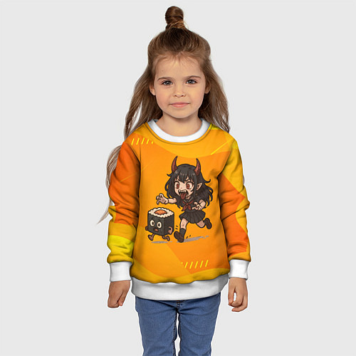 Детский свитшот Девочка дьявол бежит за роллом / 3D-Белый – фото 4