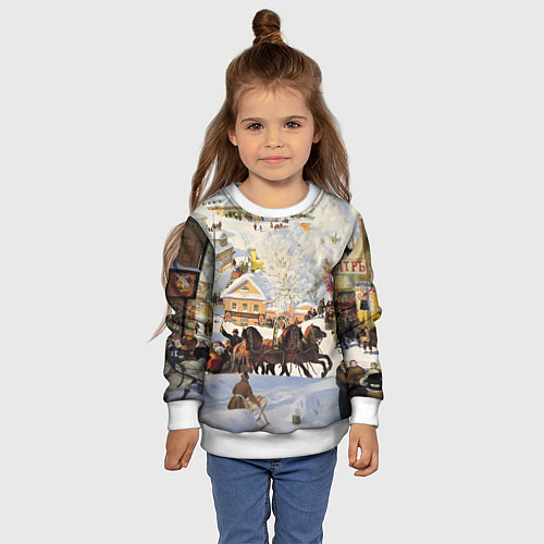 Детский свитшот Русская тройка зимой - картина Масленица Кустодиев / 3D-Белый – фото 4