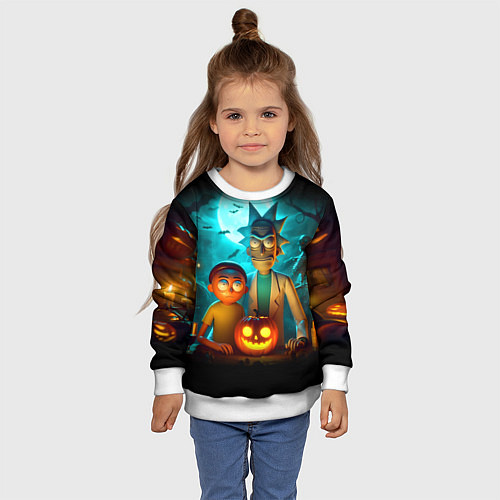 Детский свитшот Morty and Rick with pumpkin - neon halloween / 3D-Белый – фото 4