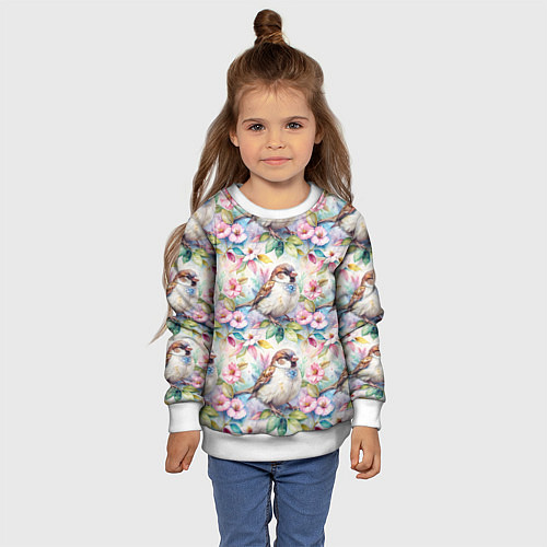 Детский свитшот Воробей в ярких цветах паттерн / 3D-Белый – фото 4