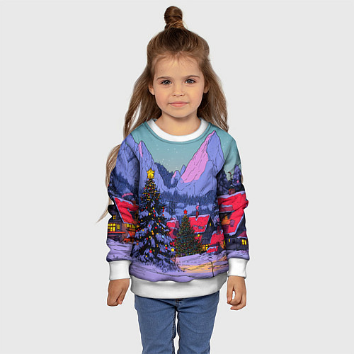 Детский свитшот Новогодние елки в горном городке / 3D-Белый – фото 4