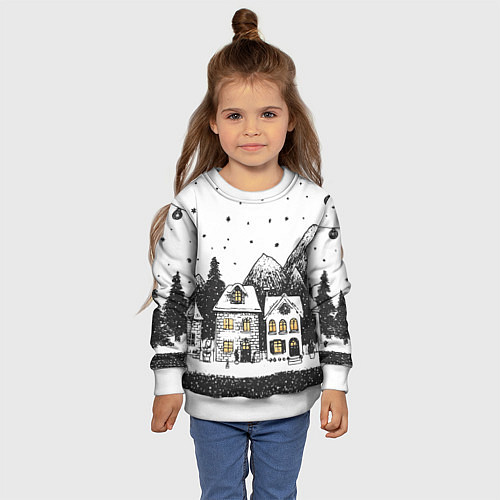 Детский свитшот Черно-белый новогодний город / 3D-Белый – фото 4