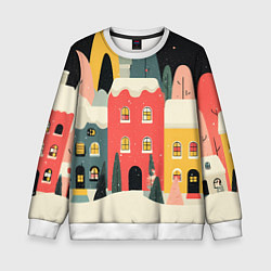 Свитшот детский Разноцветные новогодние дома, цвет: 3D-белый