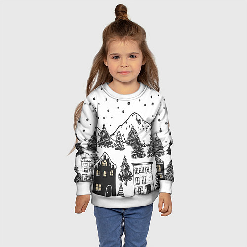 Детский свитшот Заснеженный черно-белый город / 3D-Белый – фото 4