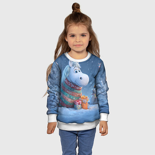 Детский свитшот Новогодняя лошадь с подарками / 3D-Белый – фото 4