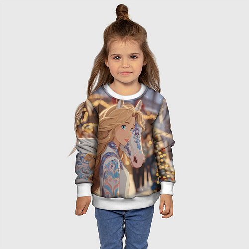 Детский свитшот Блондинка с новогодней лошадкой / 3D-Белый – фото 4