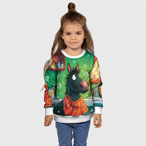 Детский свитшот Лошадь моется в ванной / 3D-Белый – фото 4