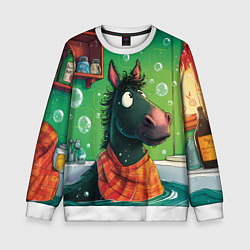 Свитшот детский Лошадь моется в ванной, цвет: 3D-белый