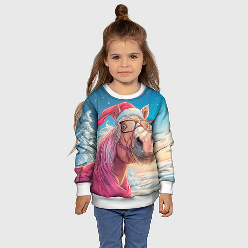 Детский свитшот Новогодняя лошадь в очках / 3D-Белый – фото 4