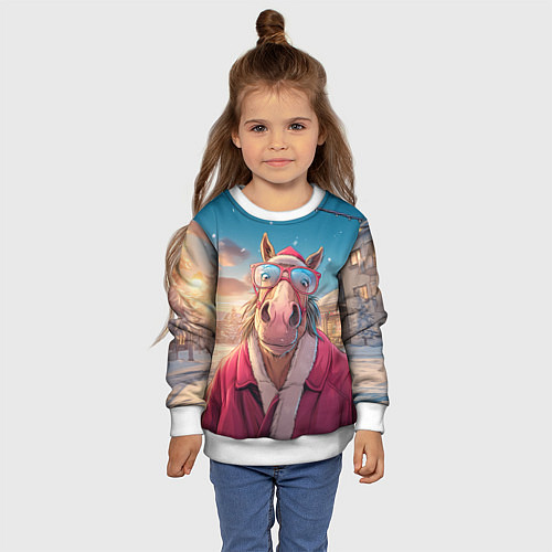 Детский свитшот Удивленная лошадь в очках / 3D-Белый – фото 4