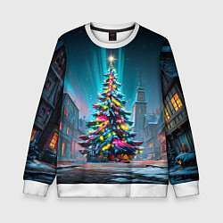 Свитшот детский Новогодняя елка в гирляндах, цвет: 3D-белый