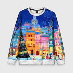 Свитшот детский Разноцветные новогодние домики, цвет: 3D-белый