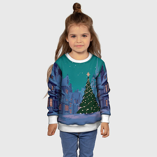 Детский свитшот Зеленая новогодняя елка во вдоре / 3D-Белый – фото 4