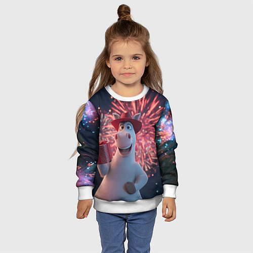 Детский свитшот Лошадь с подарком на фоне салюта / 3D-Белый – фото 4