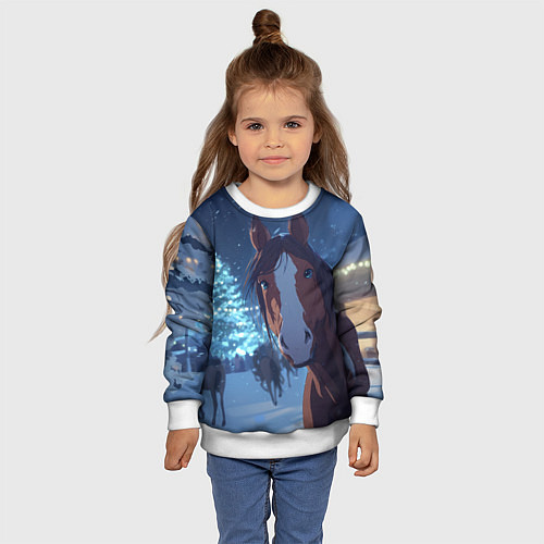Детский свитшот Лошадь на фоне новогодней елки / 3D-Белый – фото 4