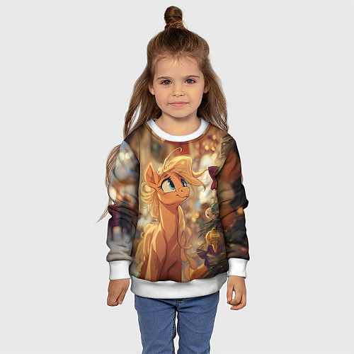 Детский свитшот Милая лошадка любуется елкой / 3D-Белый – фото 4