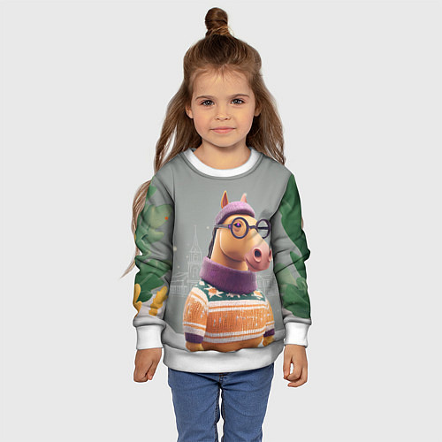 Детский свитшот Новогодняя лошадка хипстер / 3D-Белый – фото 4