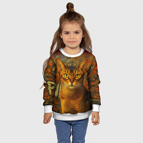 Детский свитшот Абиссинская кошка на фоне кирпичной стены с граффи / 3D-Белый – фото 4