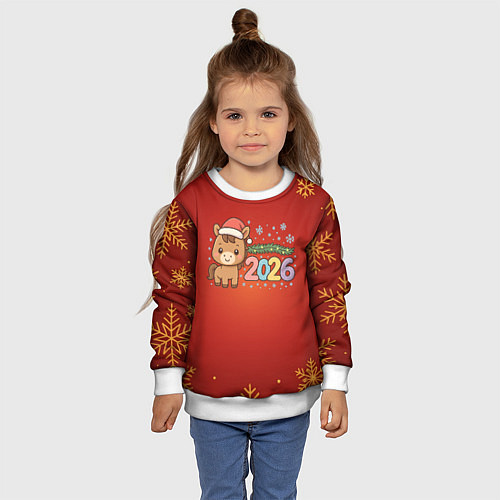 Детский свитшот Новогодняя лошадка 2026 на красном фоне / 3D-Белый – фото 4