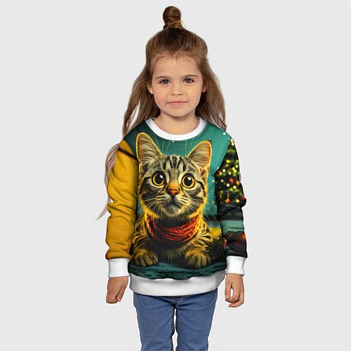 Детский свитшот Удивленный новогодний котик / 3D-Белый – фото 4
