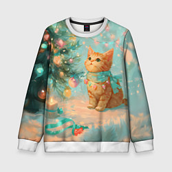 Детский свитшот Милый рыжий котенок любуется елкой