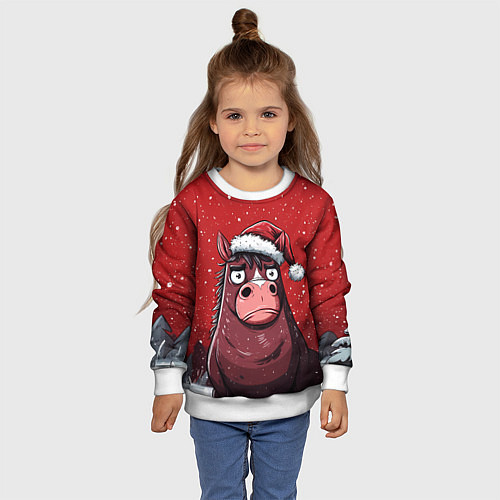 Детский свитшот Конь в новогодней шапке / 3D-Белый – фото 4