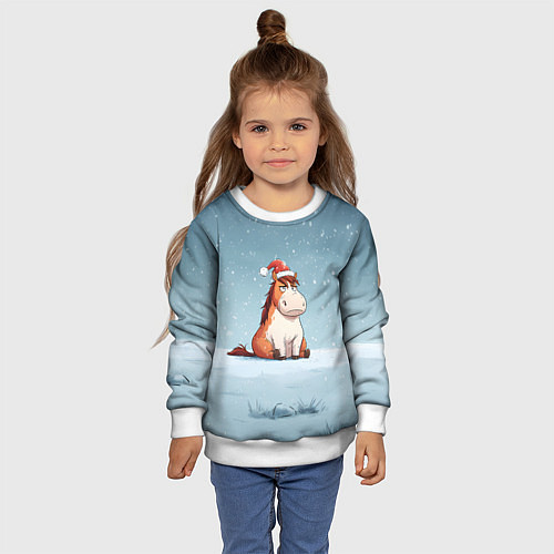 Детский свитшот Лошадь сидит на снегу / 3D-Белый – фото 4