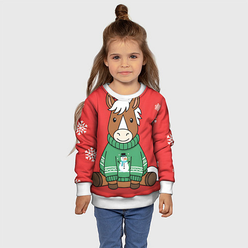 Детский свитшот Новогодняя лошадка в зеленом свитере / 3D-Белый – фото 4