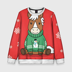 Детский свитшот Новогодняя лошадка в зеленом свитере