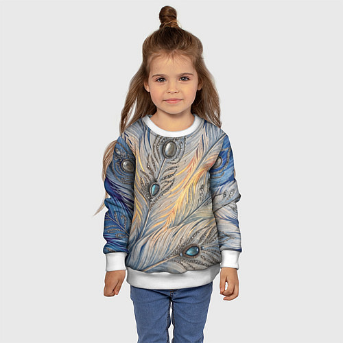Детский свитшот Синие перья с самоцветами / 3D-Белый – фото 4